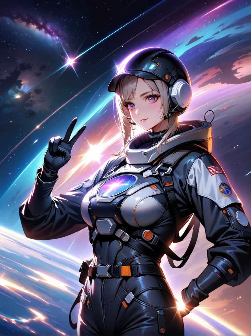 yinji，1gir, (1boy), :1.5), Two astronauts in space, Photograph, Stand side by side, (Raise the V sign), (A ray of sunlight rose behind them), Space suit details, Helmet reflective, earth in background, Cosmic stars, Galaxy Background, High-tech spacesuit, Milky Way Landscape, space photography, Studio Lighting, Physically based rendering, Sharp focus, Extremely detailed, major, Bright colors, Bright light source, (Best quality, 8K, high resolution, masterpiece:1.2), Super detailed, (1.4 times more realism)，1yj1