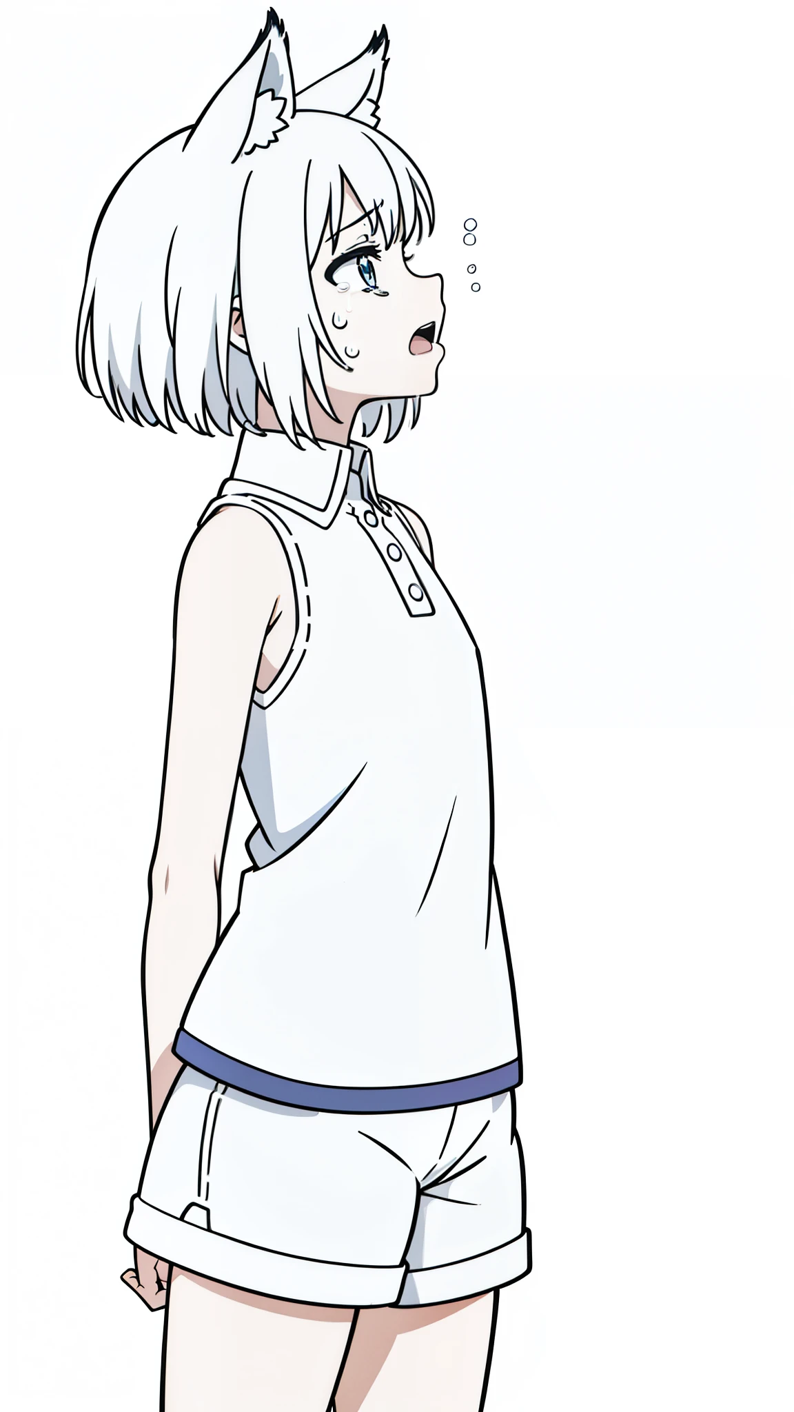 (1girl,8 ,small),solo,white hair,short hair,fox ears,white shirt,sleeveless,white shorts,(white background,line drawing), profile,cowboy shot,(open mouth),looking up,(crying,tear)