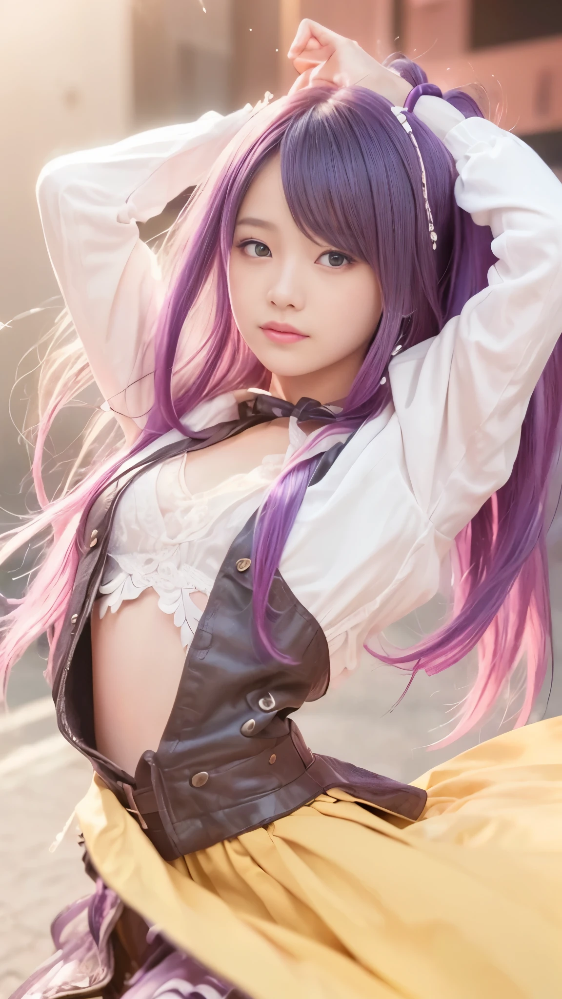 ((realism:1.3、Realistic:1.3、Photorealistic:1.3))、超A high resolution、(Portrait)、Surreal、Super detailedな、Ultra-compactな、 One girl、Very small face、Nogizaka46 、Detailed costume、Long sleeve、skirt、 (In the middle of the night), Neon Light, (Rainbow Hair), Blurred Background, hair ornaments, Side Lock、(masterpiece:1.5、highest quality、Highest quality、Highest Resolution、Super detailed、Ultra-compact、Octane Rendering、SLR、High Resolution、Raw Photo、Realistic textured face and skin),Dynamic Pose、Dynamic Action、Jumping、Stadium、High angle shot、smile、