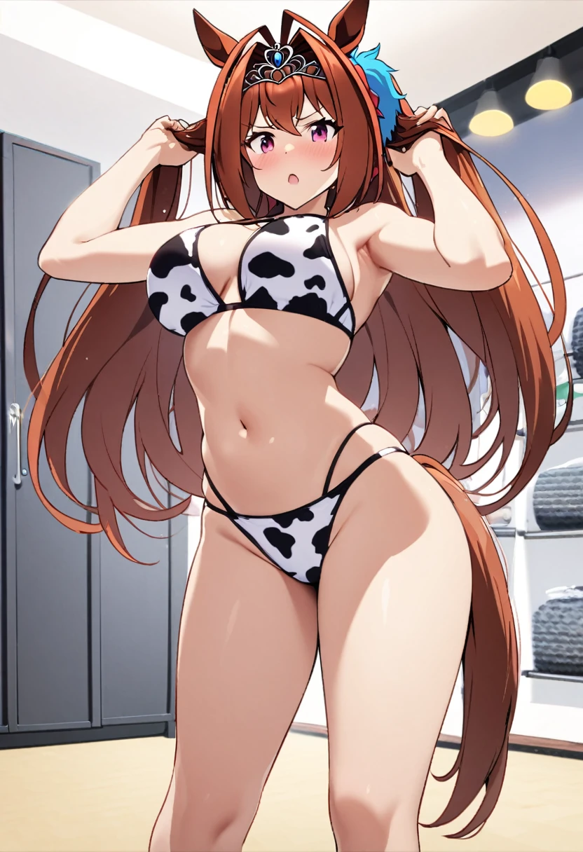 a sexy anime girl in bikini with huge  posing and wetting her hair, One girl, Animal print, Daiwa Scarlet (umamusume), Browsing Caution,Cow pattern, alone, tail,  chest, Animal ears, Swimwear, Long Hair, Brown Hair, Horse Girl, horse tail, Horse&#39;s ears, bikini, twintails, tiara, belly button, Hair Intake, Knee socks, blush, Bell, Breastfeeding, very Long Hair, Red eyes, Underarm, large chest, White Background, View Viewer, side-tie bikini bottom, Breast milk, Simple Background, Put your arms behind your head, Daiwa Scarlet