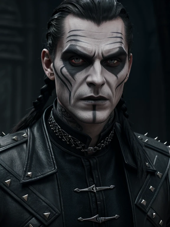 1man, vampire, "corpse paint" facepaint, slicked back braided long hair, beard along cheekbones, very thin lips, high collar studded medieval jacket, neck tattoo, symmetrical portrait, 8k portrait render, ultrarealistic 8k, unreal engine character art.