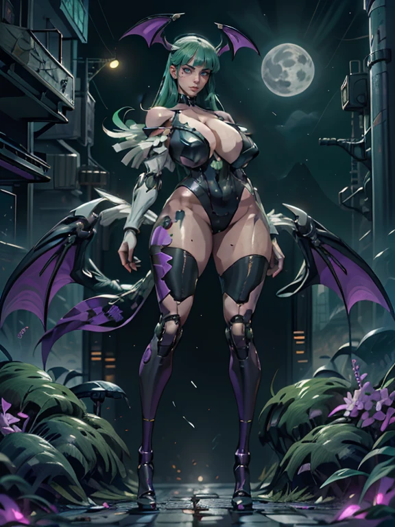 Alta qualidade, rosto detalhado, corpo detalhado, foto de corpo inteiro, ((Morrigan Aensland do jogo Darkstalkers ao estilo cyberpunk)), (asas de morcego da Morrigan Aensland), asas de morcego roxas, Bat wings on the head, (cabelo longo verde), cabelo verde com franja, white feather feather details from neckline to shoulder, black swimsuit, botas pretas, busto grande, robot arms, Cyborg Arms, Robotic legs, pernas de cyborg, lilac metal legs with printed details of silhouettes of purple bat symbols on the legs,(flutuando no ar), (levitando), Night scenery, a noite, moon in the night sky, warm ilumination.