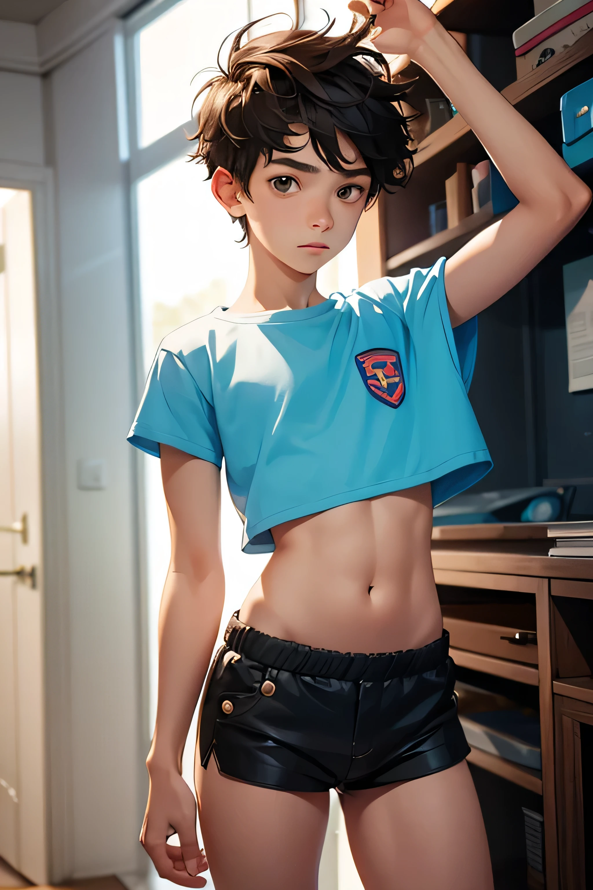 , boy wears a crop top and too very short shorts,