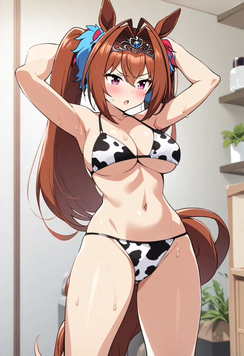 a sexy anime girl in bikini with huge posing and wetting her hair, One girl, Animal print, Daiwa Scarlet (umamusume), Browsing Caution,Cow pattern, alone, tail, chest, Animal ears, Swimwear, Long Hair, Brown Hair, Horse Girl, horse tail, Horse's ears, bikini, twintails, tiara, belly button, Hair Intake, Knee socks, blush, Bell, Breastfeeding, very Long Hair, Red eyes, Underarm, large chest, White Background, View Viewer, side-tie bikini bottom, Breast milk, Simple Background, Put your arms behind your head, Daiwa Scarlet