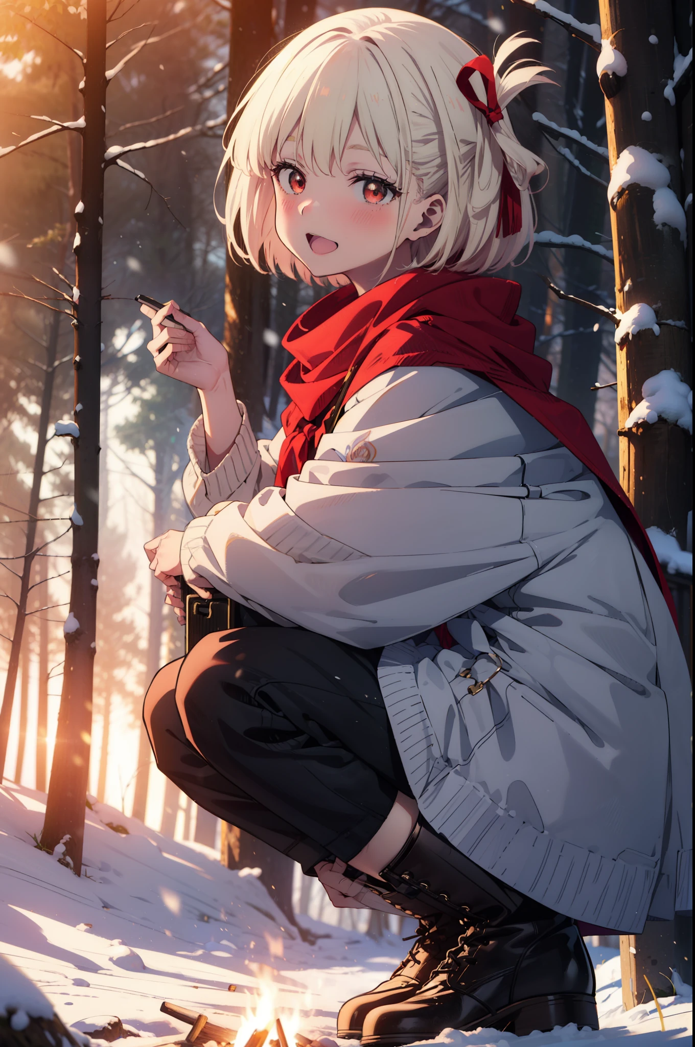 chisatonishikigi, Chisato Nishikigi, short hair, bangs, blonde, (Red eyes:1.5), Hair Ribbon, One side up, Bobcut,smile,blush,happy smile, smile, Open your mouth,
White Breath, Open your mouth,snow, Ground bonfire, Outdoor, boots, snowing, From the side, wood, suitcase, Cape, Blurred, Increase your meals, forest, White handbag, nature, Squat, Mouth closed, フードed Cape, winter, Written boundary depth, Black shoes, red Cape break looking at viewer, Upper Body, whole body, break Outdoor, forest, nature, break (masterpiece:1.2), highest quality, High resolution, unity 8k wallpaper, (shape:0.8), (Beautiful and beautiful eyes:1.6), Highly detailed face, Perfect lighting, Extremely detailed CG, (Perfect hands, Perfect Anatomy),