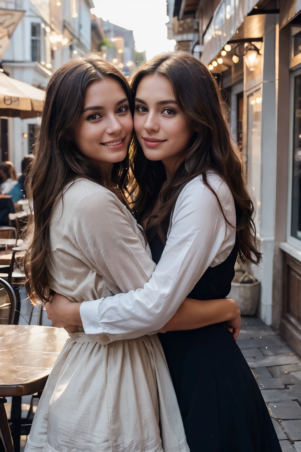 A ravishing Instagram model, her glossy brown hair cascading in luscious waves, warmly embraces her friend outside a charming café. This enchanting scene, depicted in a photograph, captures the essence of beauty and friendship. The model's flawless complexion glows under the soft lighting, her eyes sparkling with genuine joy. The background of the café adds a touch of elegance, enhancing the overall allure of the image. The impeccable composition and vibrant colors contribute to the overall high-quality aesthetic of this captivating snapshot.