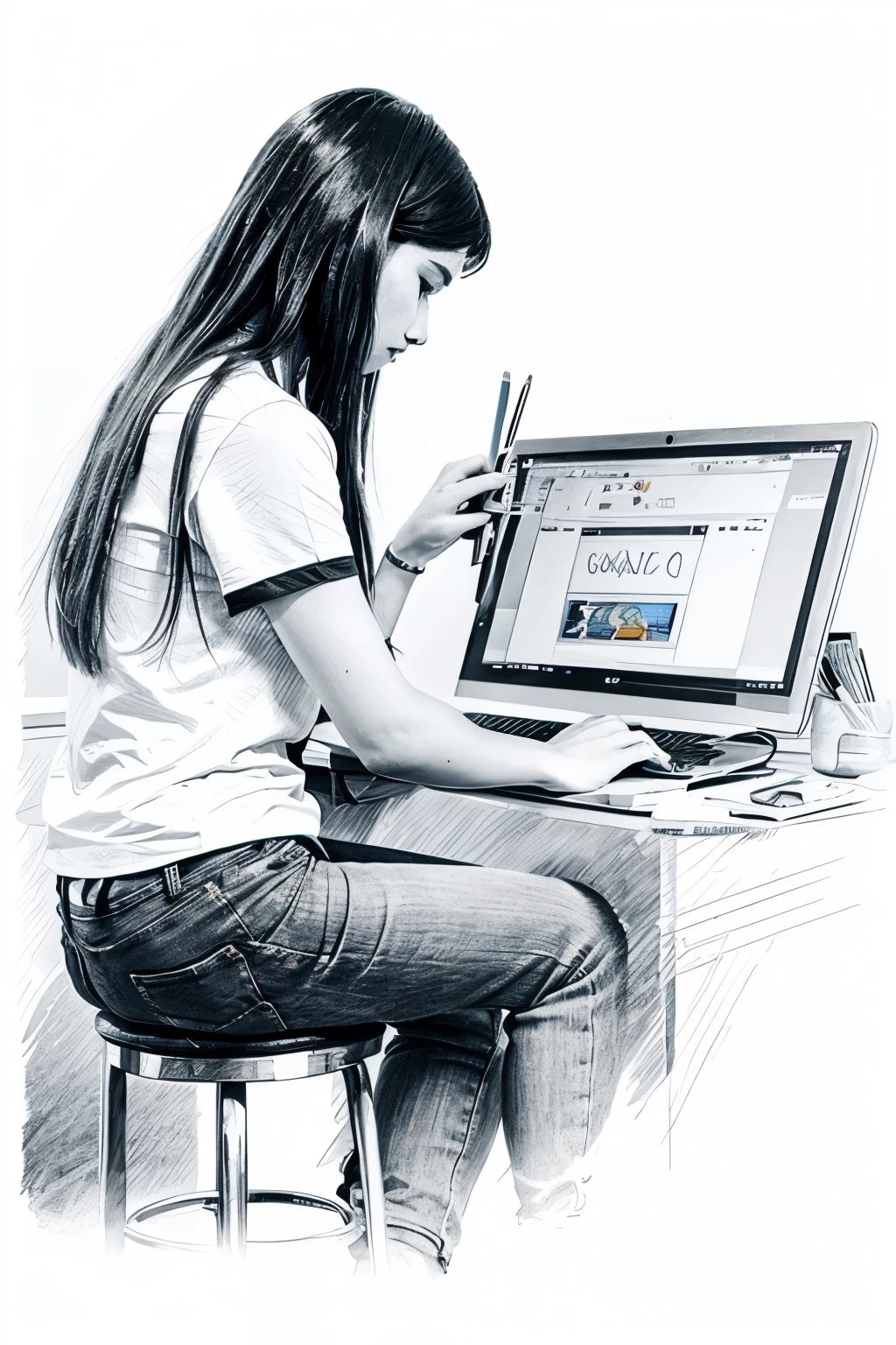 Generate a pencil sketch art describing online safety