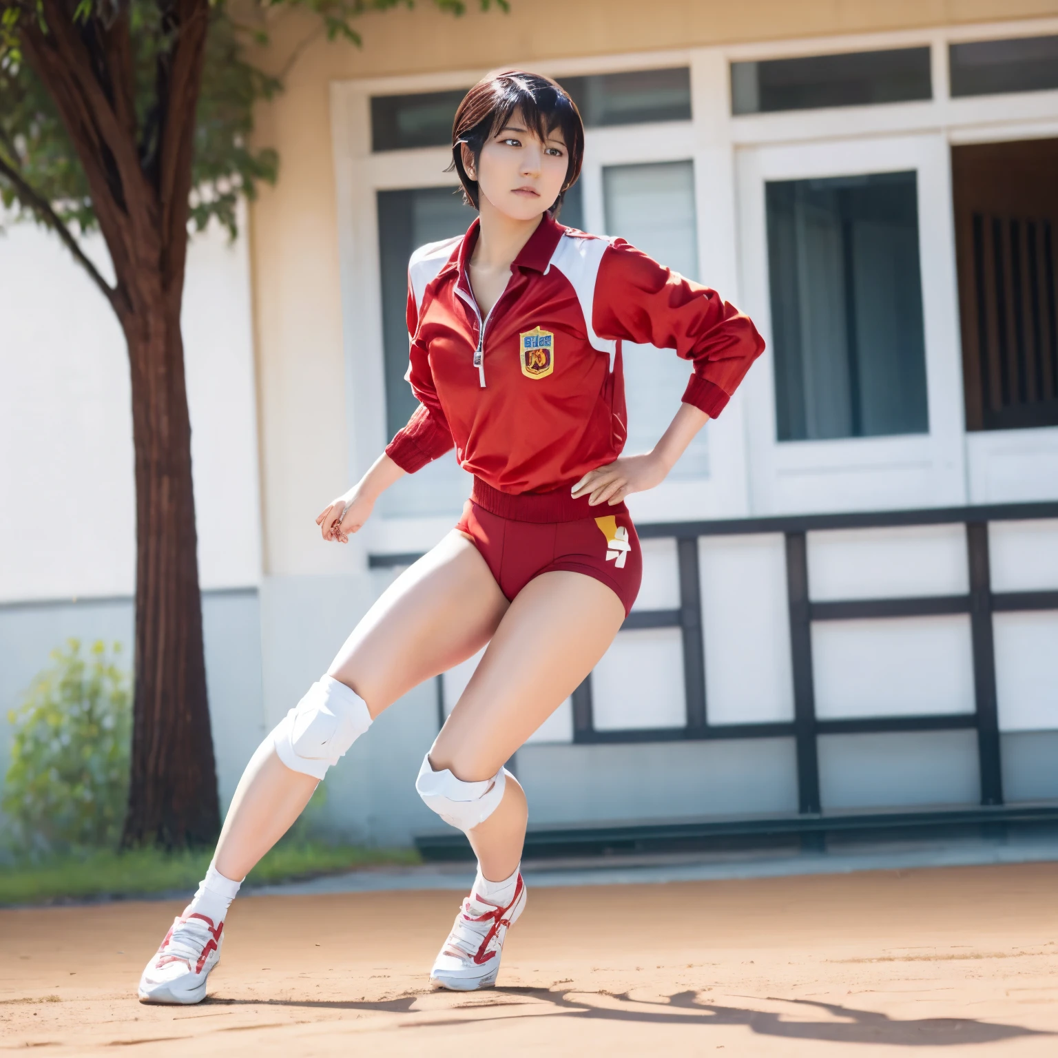 ayuhara natsu,(Wide-open legs),((high leg red burma)),(camel toue),volleyboll, short hair,red jacket, bandages, knee pads, sneakers,solo,gym,