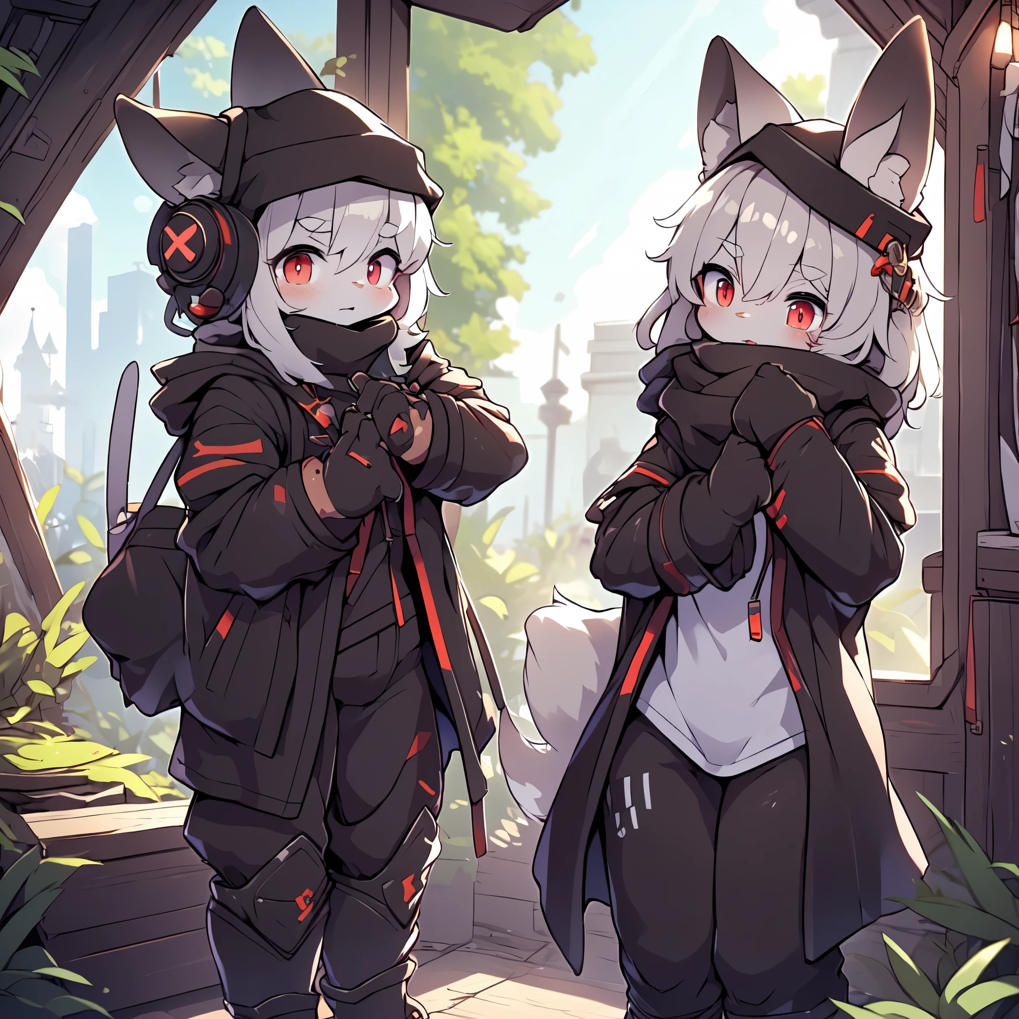 Kawaii, Striped Fluffy Fox, emaciated, long hair, 3girls, artificial synthetic skin, life support prosthetics, digital headphones, black tight latex bodysuit, white long dress, thigh-high-socks, shorts, loose off-the-shoulder hood open jacket, holsters in thigh, Mechanical boots, tactical knee pads, tactical belted loose Arm Sleeves, cybernetic Display gloves, chest rigs, tactical belts, blue archive halo, bulletproof goggles on forehead, from Ark nights, ray tracing, depth of field, bloom, masterpiece, ccurate, high details, highres
