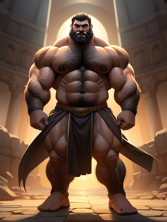 A burly, virile, and extremely hairy man who exudes an overwhelming sense of power and masculinity. His body is overmuscular and musclebound, with bulging veiny muscles that seem to strain against his skin. Broad shoulders and a wide chest adorn his massive frame, while his arms and legs are overly thick and defined, making him appear incredibly strong and imposing. His thick body gives him a hulking figure, with swelling muscles that seem to burst from every angle. The man sports a long, bushy beard and a thick mustache, adding to his rugged and masculine appearance. His grey hair only serves to further emphasize his age and experience, yet it does nothing to diminish his intimidating presence. His square-jawed face is set in a stoic expression, conveying determination and strength of character. Dressed only in a loincloth that struggles to contain his massive physique, this virile, hairy man stands tall and proud, exuding an aura of raw masculinity and unbridled power.