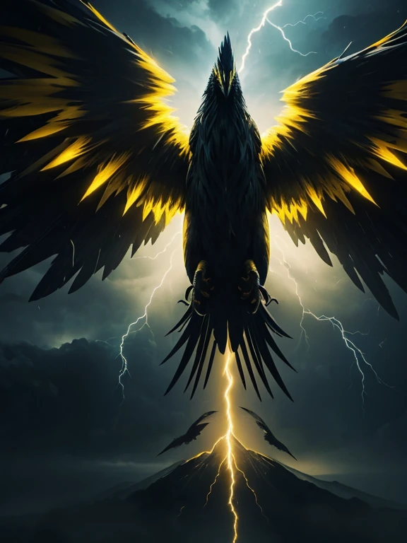 a giant electric monster bird, glowing yellow feathers, black feathers, four wings, flying in a stormy night sky, lightning and thunder, dramatic lighting, epic fantasy, dramatic colors, dramatic composition, dramatic atmosphere, fantasy art