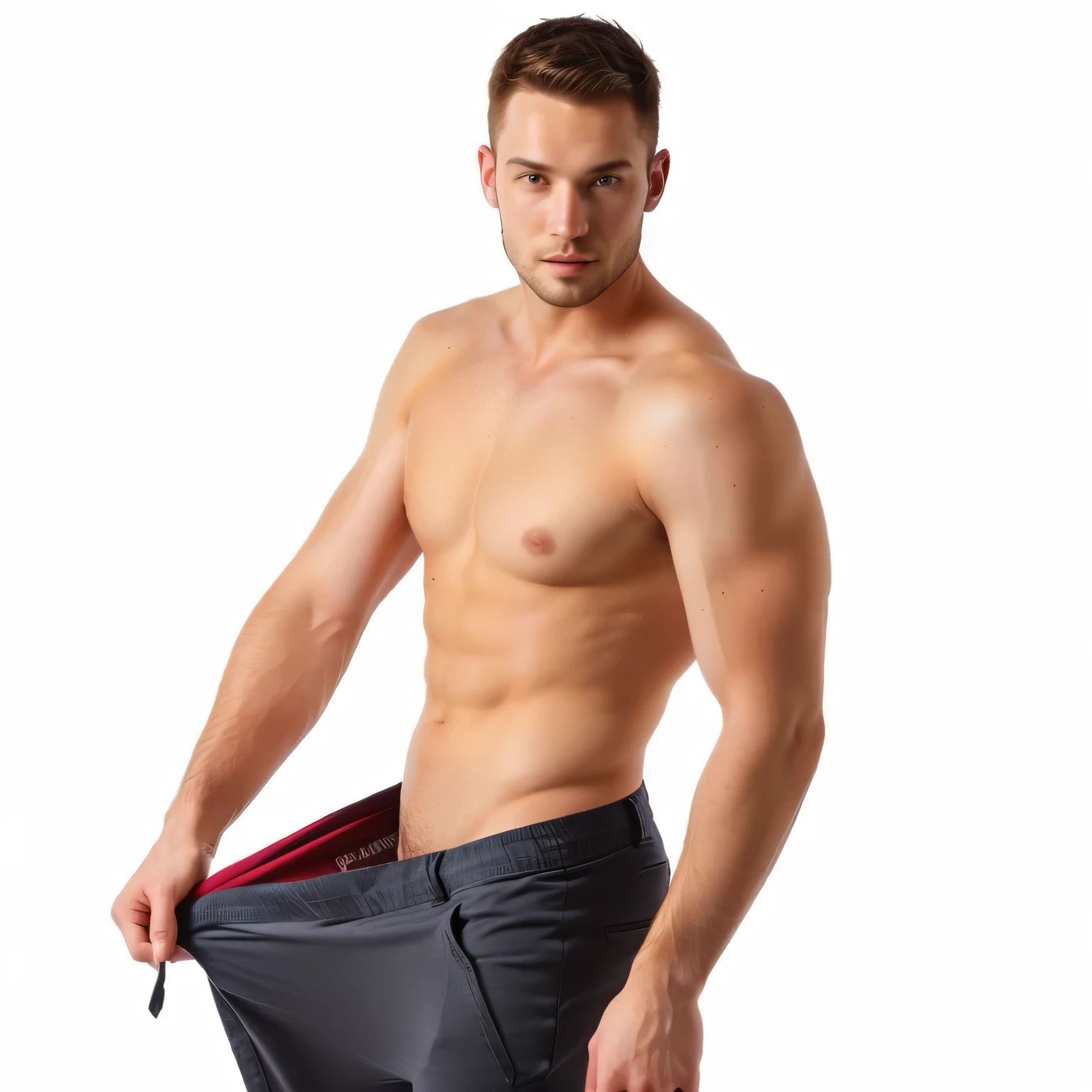 slim 30 years old caucasian male in a slim-fit t-shirt showing off his pants, masculine features.