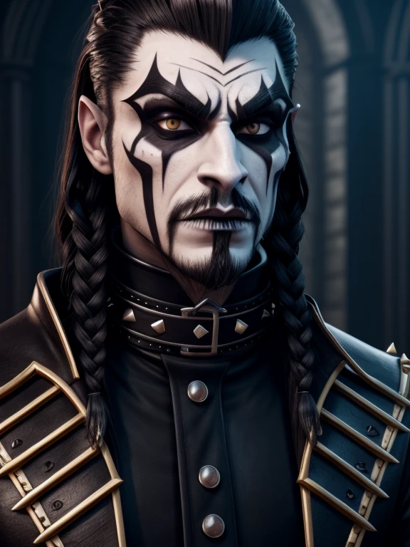 1man, vampire, "corpse paint" facepaint, slicked back braided long hair, beard along cheekbones, very thin lips, high collar studded medieval jacket, neck tattoo, symmetrical portrait, 8k portrait render, ultrarealistic 8k, unreal engine character art.