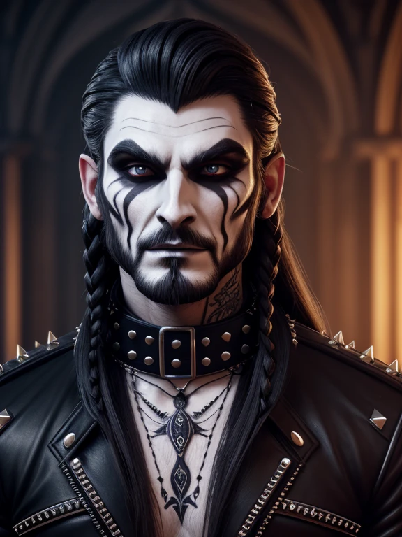 1man, vampire, "corpse paint" facepaint, slicked back braided long hair, beard along cheekbones, very thin lips, high collar studded medieval jacket, neck tattoo, symmetrical portrait, 8k portrait render, ultrarealistic 8k, unreal engine character art.