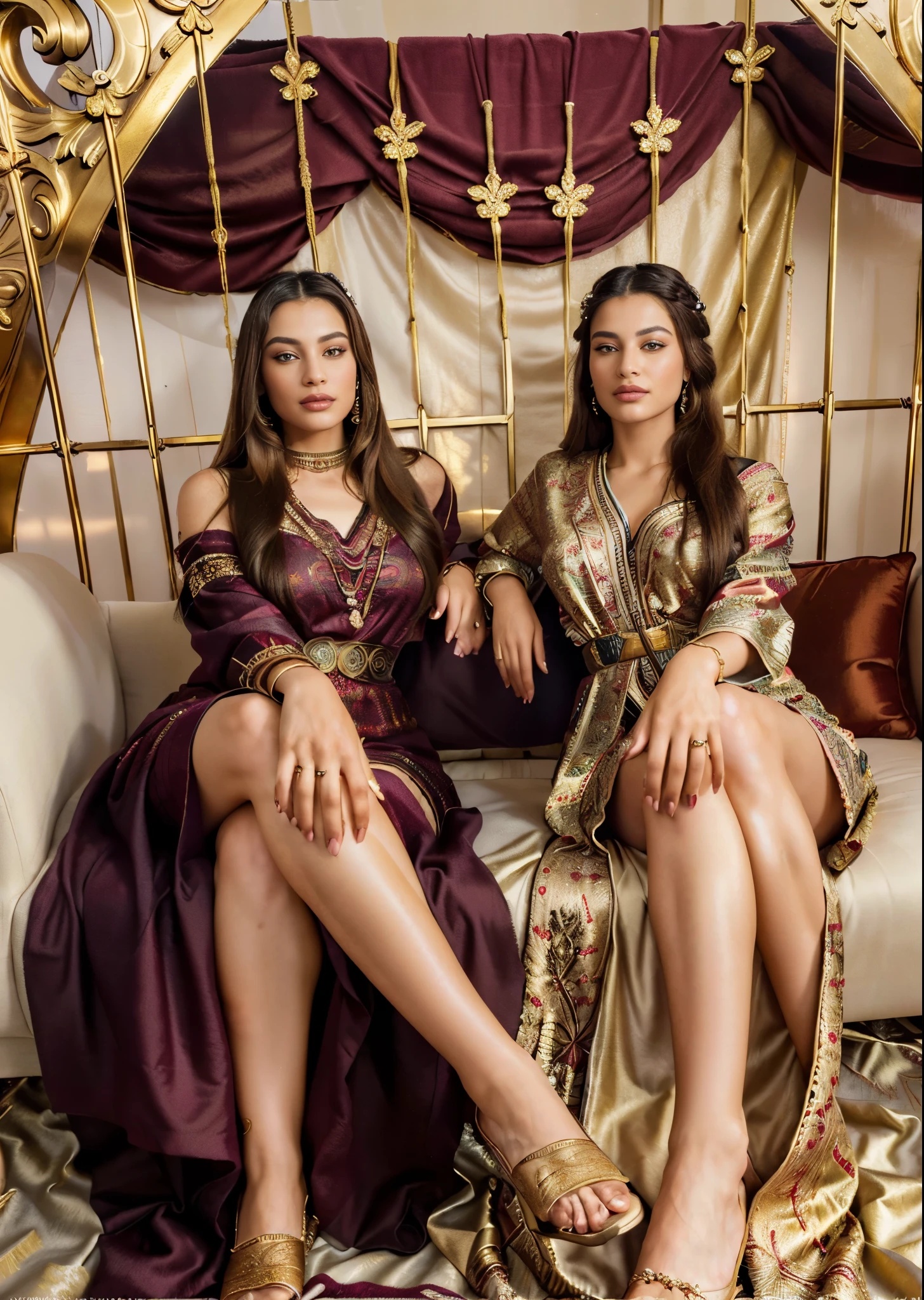 (best quality,4k,highres,masterpiece:1.2),ultra-detailed,(realistic,photorealistic,photo-realistic:1.37),portraits,women,gold and red backdrop,sofa,couch,room,moroccan queens,beautiful detailed eyes,beautiful detailed lips,extremely detailed eyes and face,longeyelashes,regal attire,jewelry,ornate hairstyles,palace setting,soft lighting,rich colors,patterned textiles,elaborate furnishings,abundance of cushions,relaxed and confident expressions,historically inspired poses,graceful postures