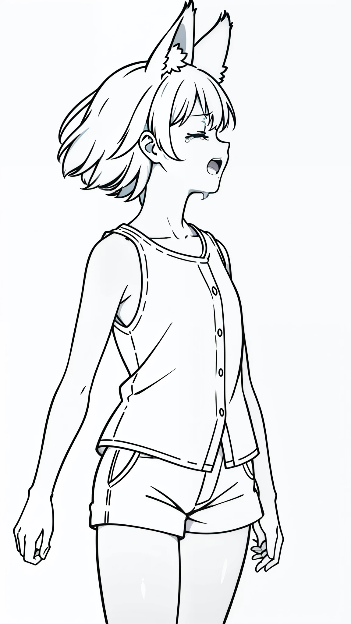 (1girl,8 years old,small),solo,white hair,short hair,fox ears,white shirt,sleeveless,white shorts,(white background,line drawing),closed eyes, profile,cowboy shot,(open mouth),looking up,floating,(crying,tear)