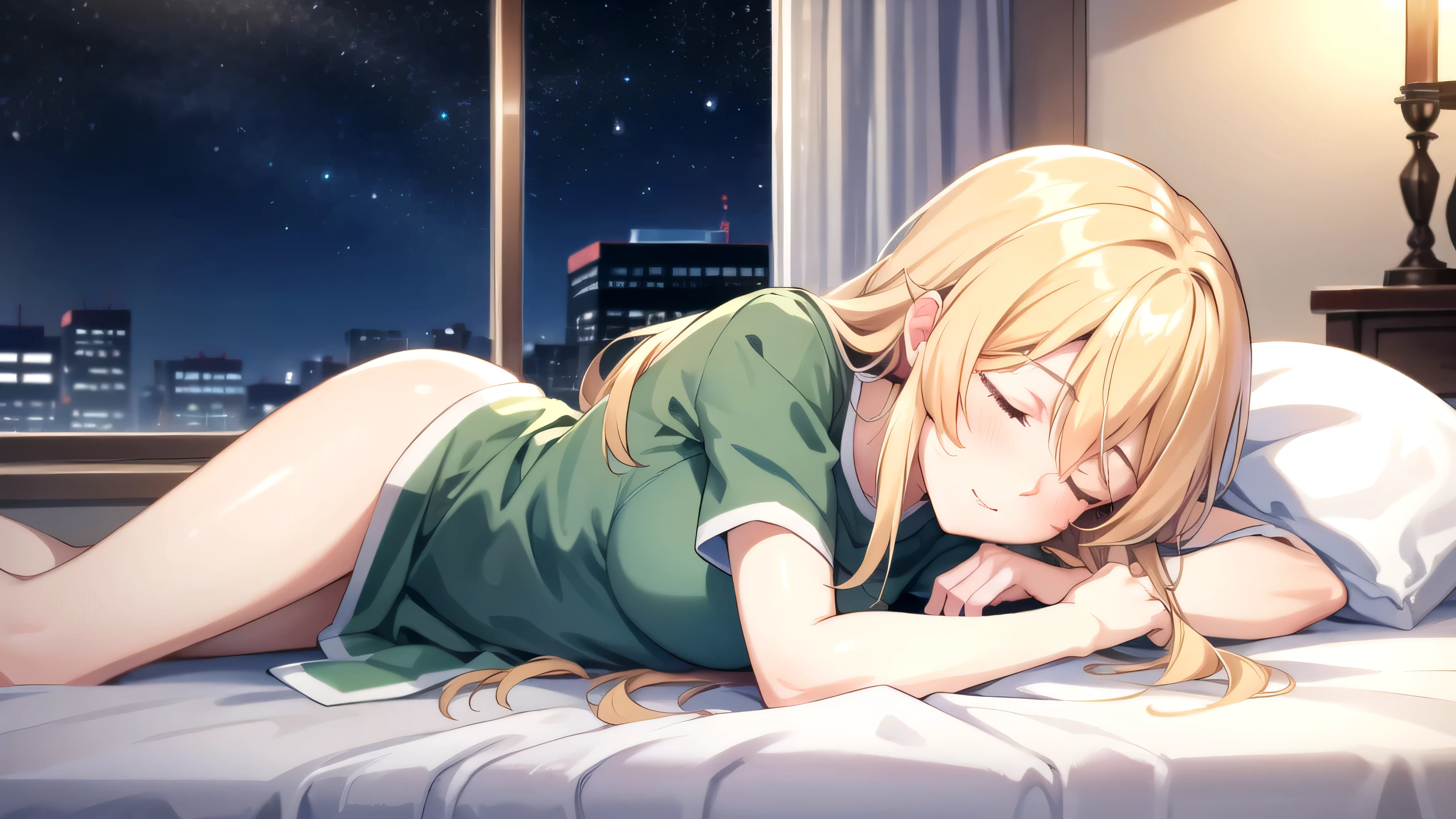 Close-up on a blonde long haired, sleeping, a faint smile playing on their lips. in bedroom, bed, night, Erina_Prodigy, By the window, Closed eyes, wearing green sleep dress