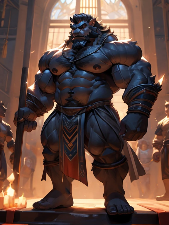 A burly, virile, and extremely hairy man who exudes an overwhelming sense of power and masculinity. His body is overmuscular and musclebound, with bulging veiny muscles that seem to strain against his skin. Broad shoulders and a wide chest adorn his massive frame, while his arms and legs are overly thick and defined, making him appear incredibly strong and imposing. His thick body gives him a hulking figure, with swelling muscles that seem to burst from every angle. The man sports a long, bushy beard and a thick mustache, adding to his rugged and masculine appearance. His grey hair only serves to further emphasize his age and experience, yet it does nothing to diminish his intimidating presence. His square-jawed face is set in a stoic expression, conveying determination and strength of character. Dressed only in a loincloth that struggles to contain his massive physique, this virile, hairy man stands tall and proud, exuding an aura of raw masculinity and unbridled power.