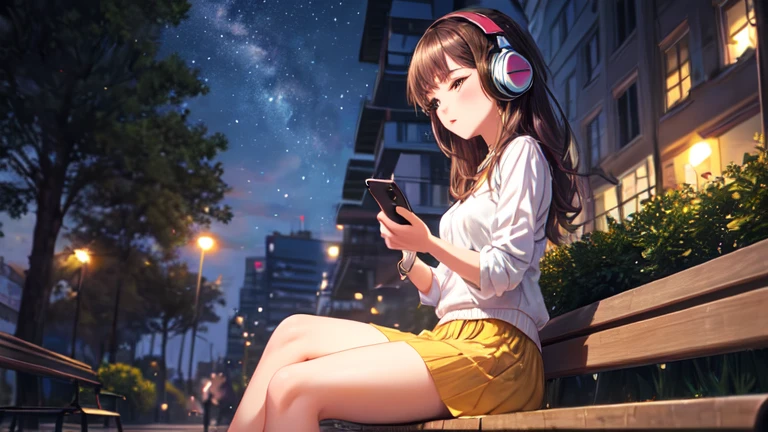 ((best quality)), ((masterpiece)), (detailed), girl in the park at night sitting on a bench listening to her music looking down on her phone.
