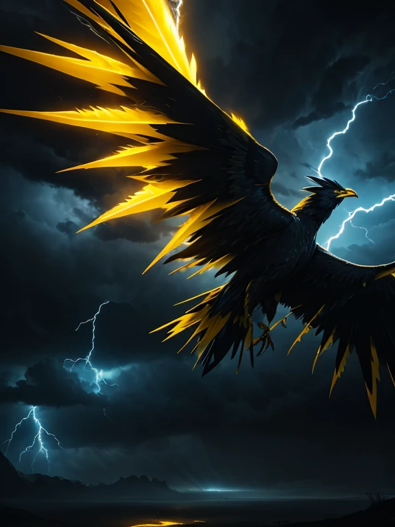 a giant electric monster bird, glowing yellow feathers, black feathers, four wings, flying in a stormy night sky, lightning and thunder, dramatic lighting, epic fantasy, dramatic colors, dramatic composition, dramatic atmosphere, fantasy art