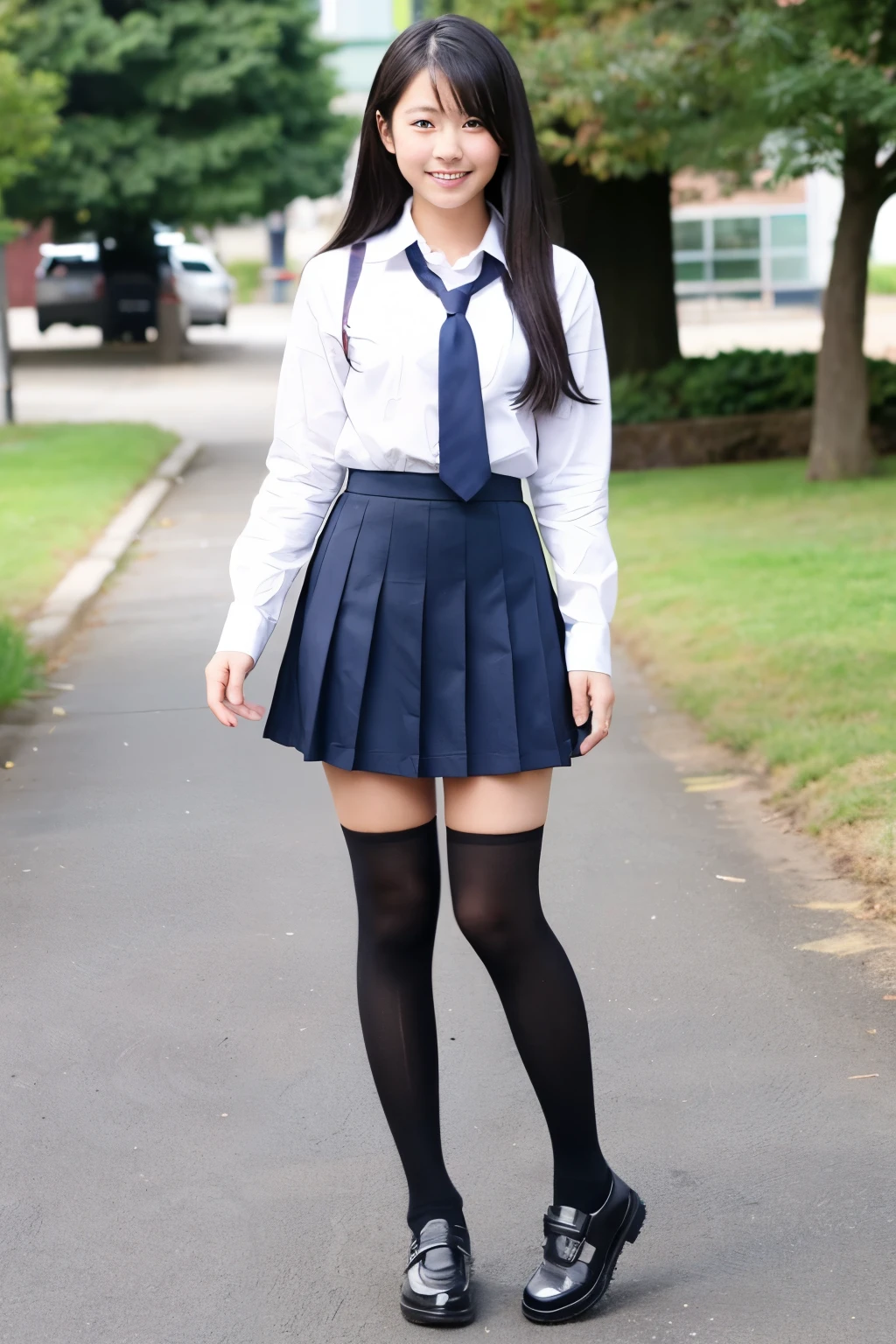 Standing in the schoolyard、Cute Japanese high school girl with long black hair、Beautiful、Uniform miling、Full body portrait
