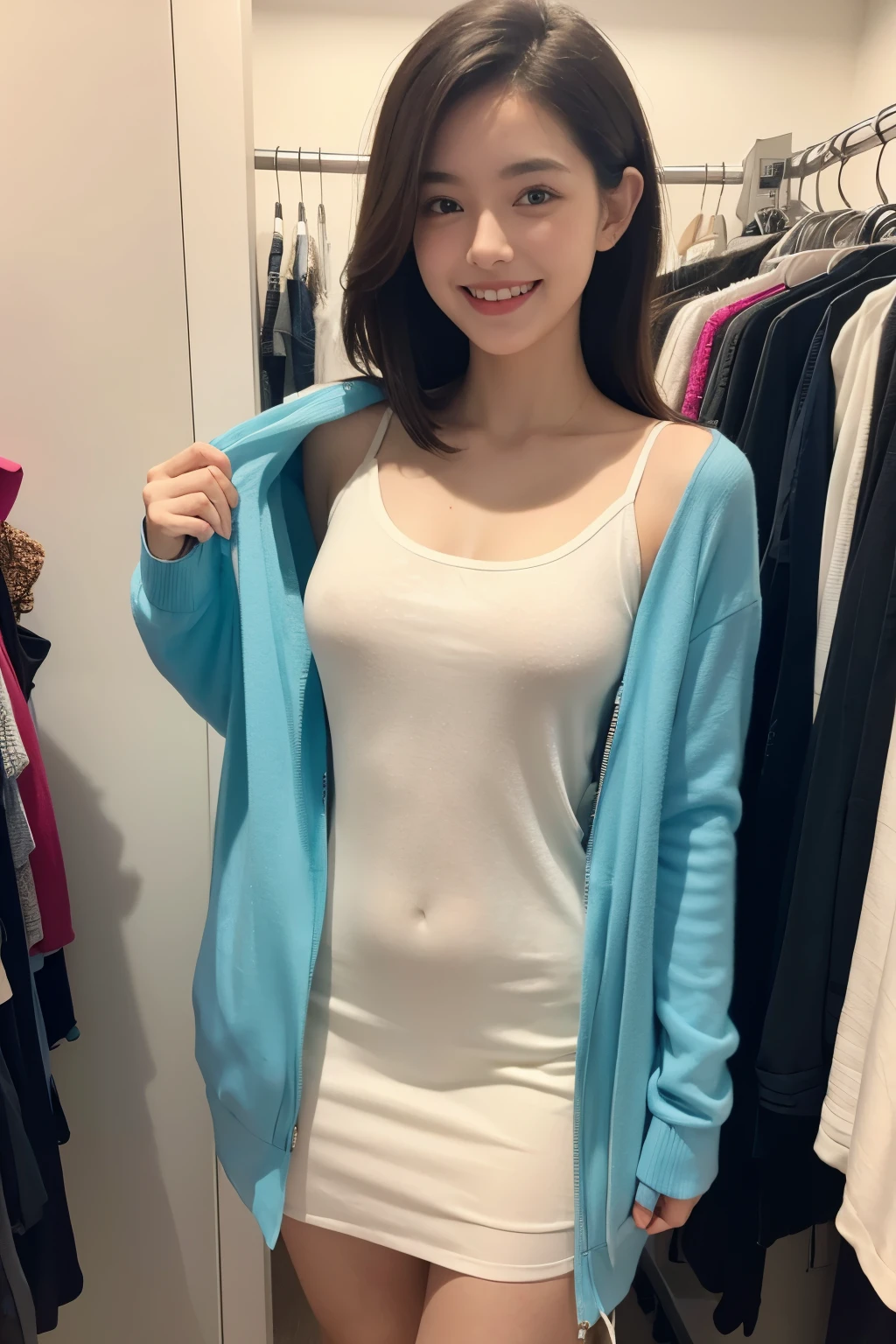 A girl smiles and tries on clothes in the fitting room, covering her body with clothes