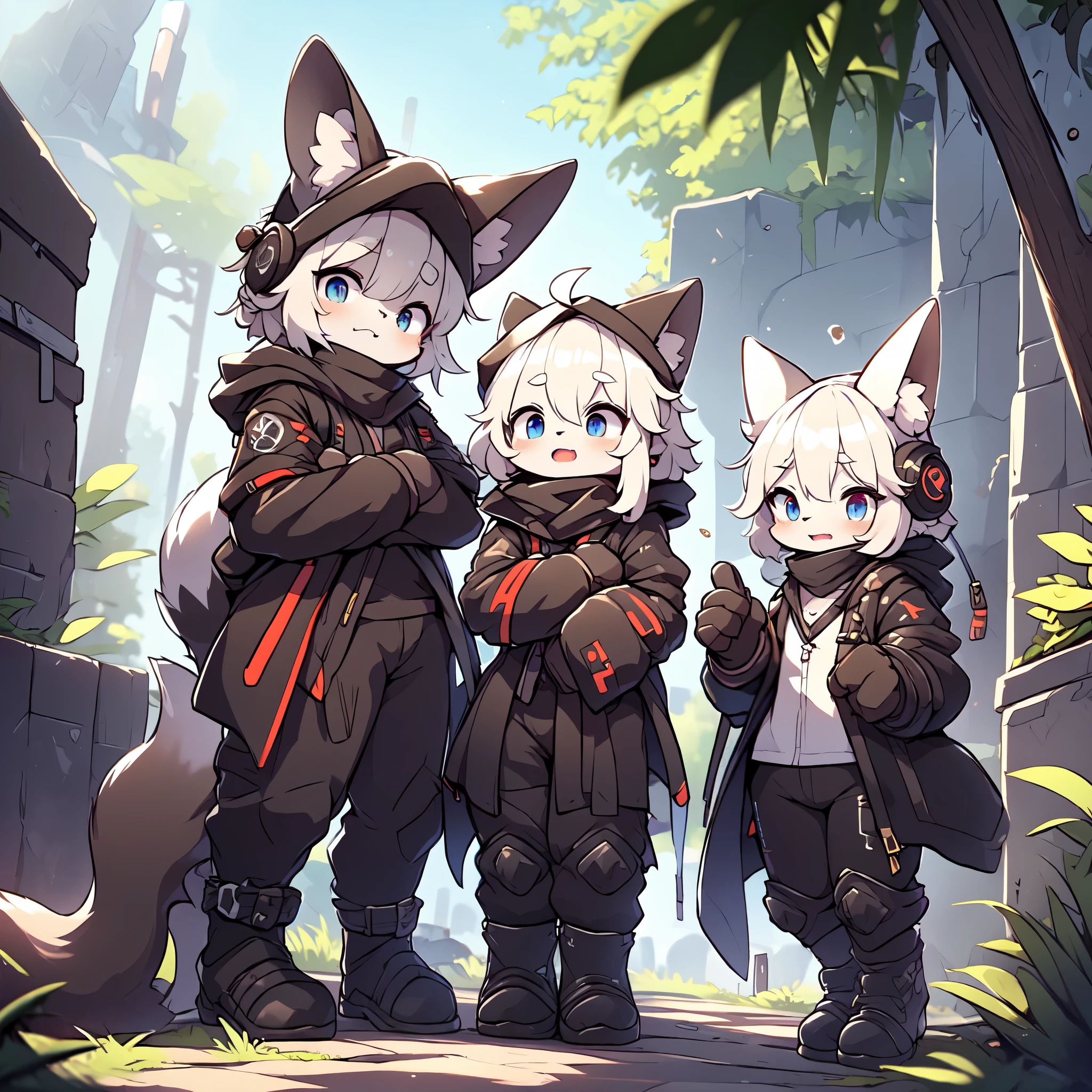 Kawaii, Striped Fluffy Fox, emaciated, long hair, 3girls, artificial synthetic skin, life support prosthetics, digital headphones, black tight latex bodysuit, white long dress, thigh-high-socks, shorts, loose off-the-shoulder hood open jacket, holsters in thigh, Mechanical boots, tactical knee pads, tactical belted loose Arm Sleeves, cybernetic Display gloves, chest rigs, tactical belts, blue archive halo, bulletproof goggles on forehead, from Ark nights, ray tracing, depth of field, bloom, masterpiece, ccurate, high details, highres