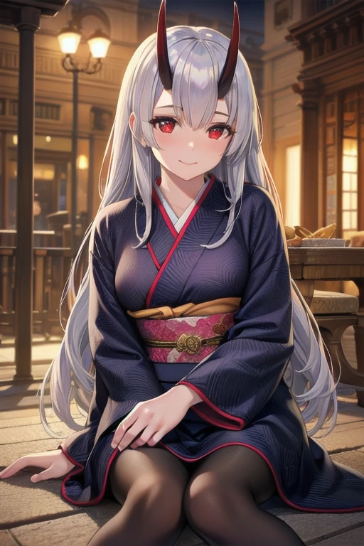 a beautiful detailed girl with striking red eyes, cute smiling expression, silver hair with bangs covering her eyes, very long flowing silver hair, oni-like horns, wearing a long elegant red and black kimono with long sleeves, pantyhose, looking directly at the viewer, (best quality,4k,8k,highres,masterpiece:1.2),ultra-detailed,(realistic,photorealistic,photo-realistic:1.37), (torino style), intricate details, cinematic lighting, warm colors, sit