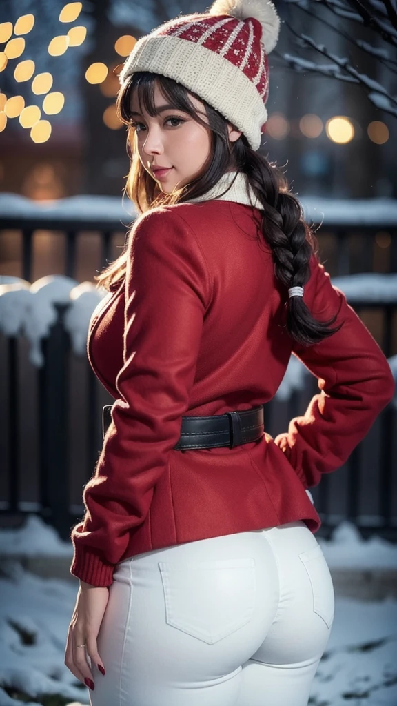 Beautiful sensual woman with a curvy body, long hair, bangs, french braid, widest waist, fitting breasts, curvy accentuated booty, sparkling eyes, long eyelashes, thick thighs, Strong calves, smirk, taniaayusiregar, She wears a red wool Coat, black Pullover, white trousers, belt, beanie, she is in a dark low lit Park, evening in Winter, snowy, photorealistic, Masterpiece, bokeh, Volumetric lighting, winter season atmosphere, close up shot