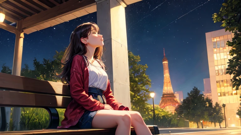 ((best quality)), ((masterpiece)), (detailed), girl in the park at night sitting on a bench listening to her music looking up to the sky.
