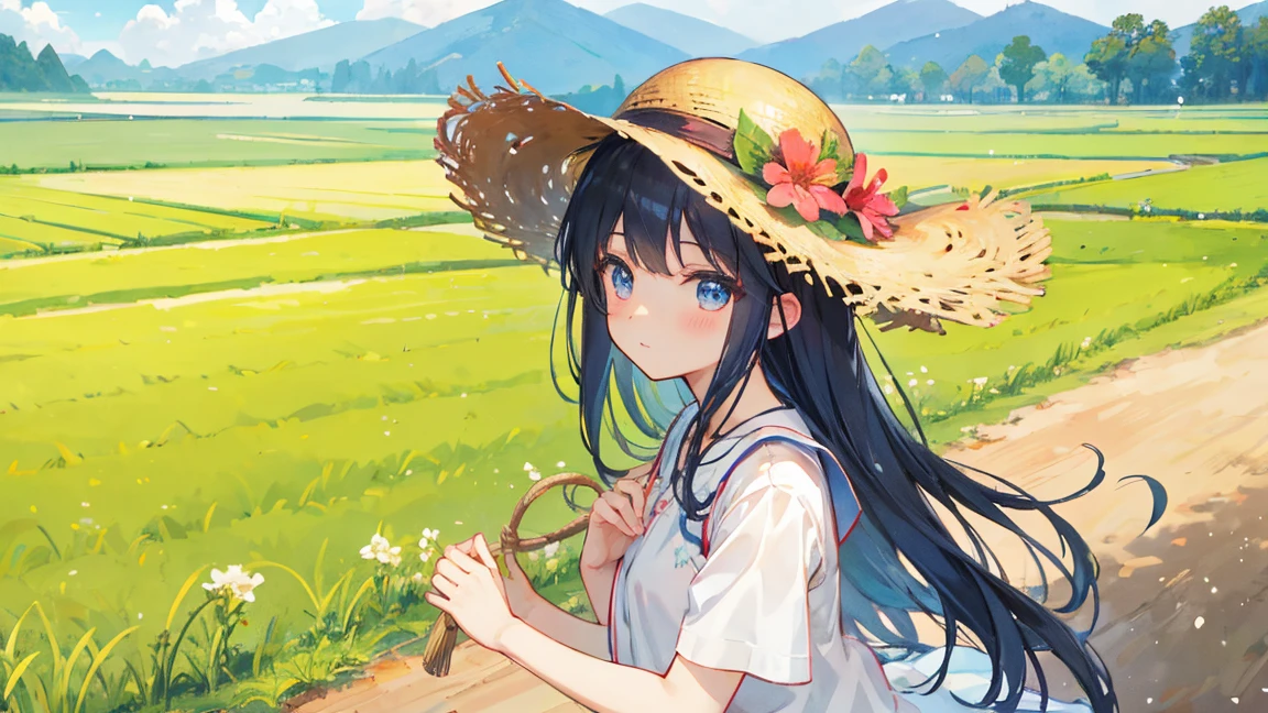 wood、cicada、summer、Straw hat、countryside、girl、Paddy field
