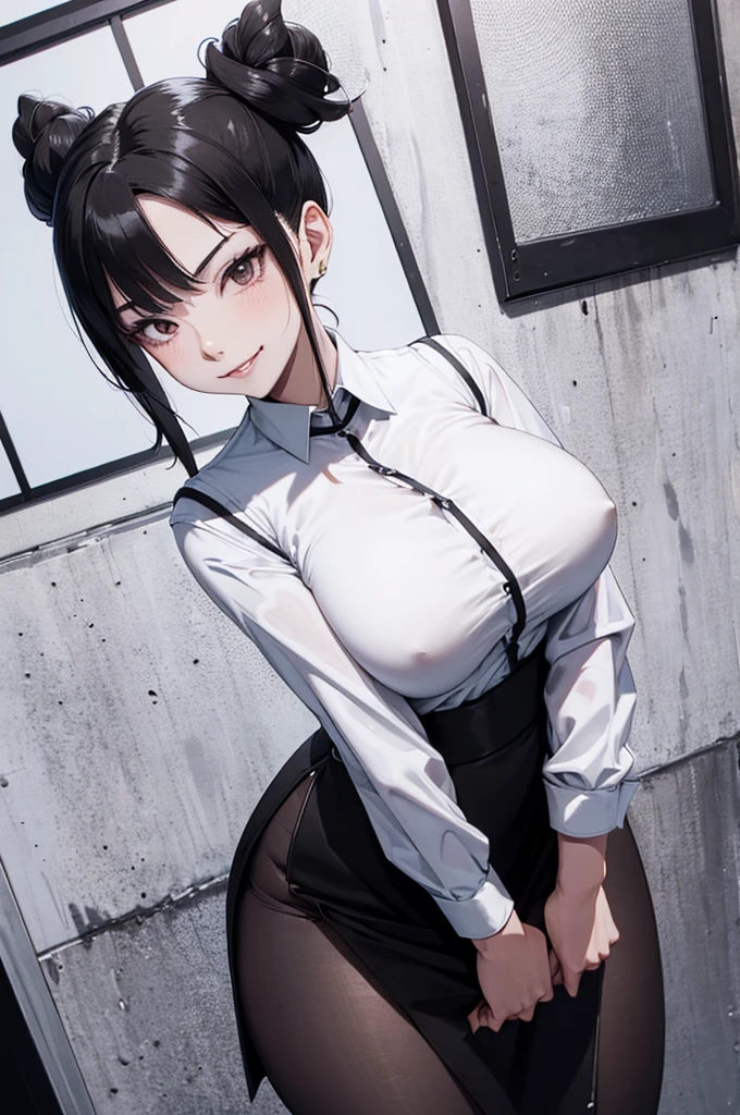 juri han, work of art, tight white secretary shirt with black tie, black high waist skirt, short skirt, black hair, black tights,evil smile
