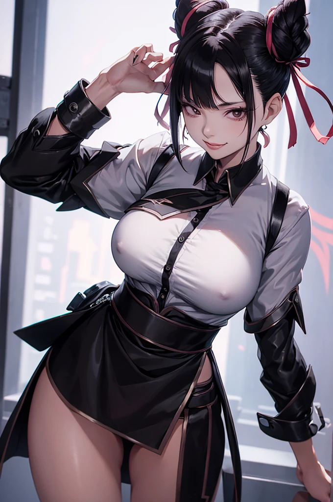 juri han, work of art, tight white secretary shirt with black tie, black high waist skirt, short skirt, black hair, black tights,evil smile
