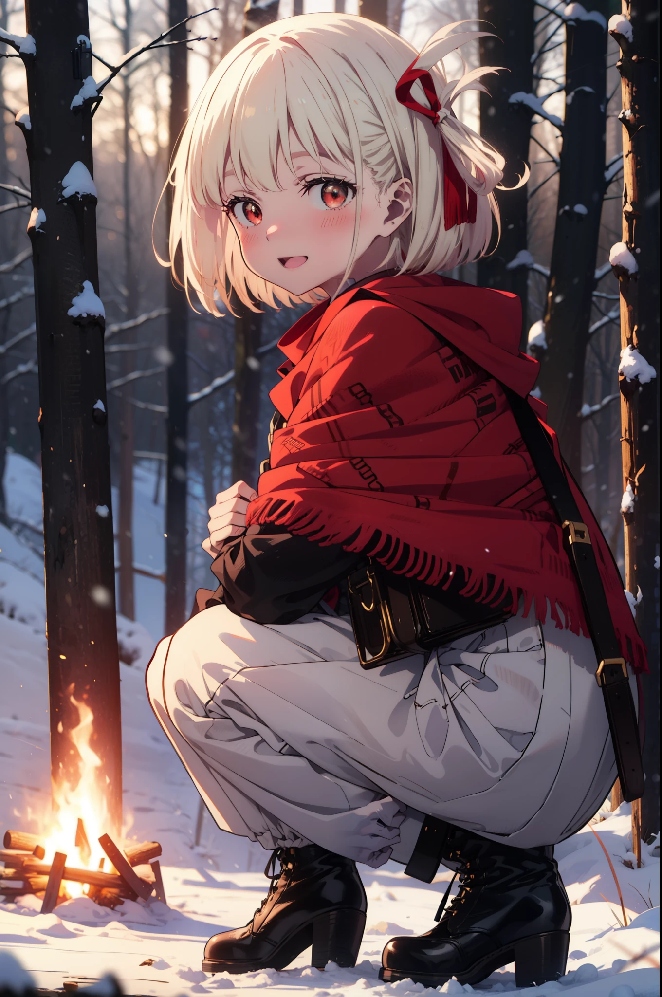 chisatonishikigi, Chisato Nishikigi, short hair, bangs, blonde, (Red eyes:1.5), Hair Ribbon, One side up, Bobcut,smile,blush,happy smile, smile, Open your mouth,
White Breath, Open your mouth,snow, Ground bonfire, Outdoor, boots, snowing, From the side, wood, suitcase, Cape, Blurred, Increase your meals, forest, White handbag, nature, Squat, Mouth closed, フードed Cape, winter, Written boundary depth, Black shoes, red Cape break looking at viewer, Upper Body, whole body, break Outdoor, forest, nature, break (masterpiece:1.2), highest quality, High resolution, unity 8k wallpaper, (shape:0.8), (Beautiful and beautiful eyes:1.6), Highly detailed face, Perfect lighting, Highly detailed CG, (Perfect hands, Perfect Anatomy),