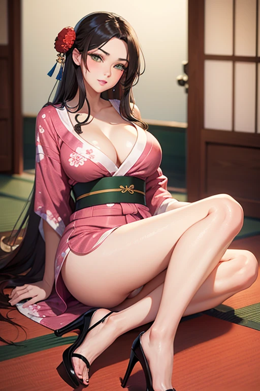 1 sexy milf, sexy yukata, heels long hair brunette, green eyes