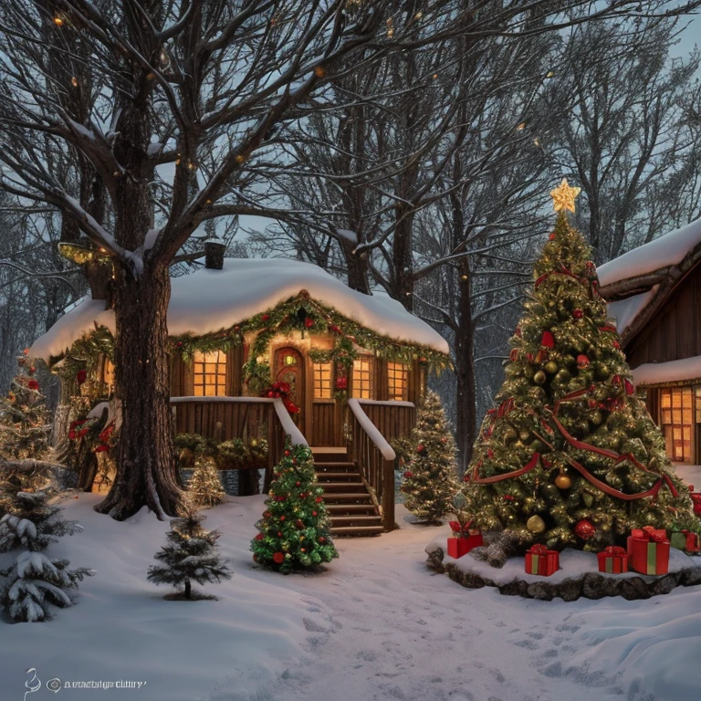 (masterpiece:1.2), (best quality,:1.2), 8k, HDR, ultra detailed, ((photorealistic)), professional light, cinematic lighting, fashion photography, ambient lighting, fantasy, background, a tree house in the middle of a forest in christmas, christmas vibe, trees with christmas lights,  FanLan, epiCPhoto,