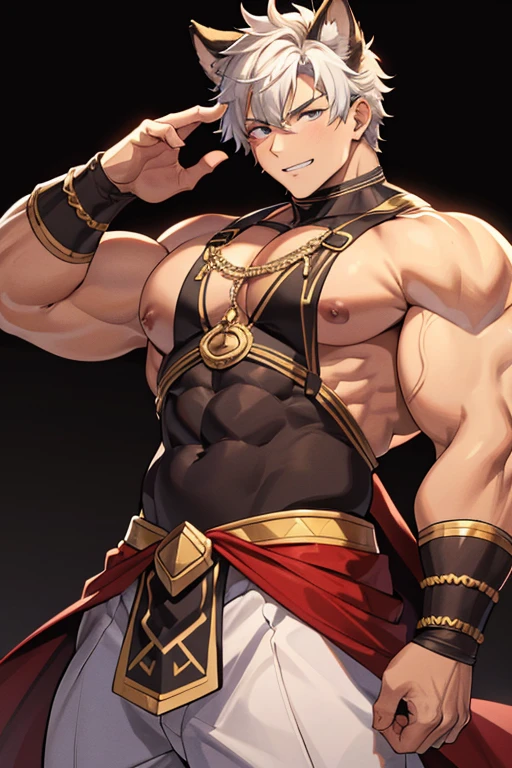 tmasterpiece,best qualityer,gorou(the original god), muscular, malefocus,bodybuilder, Animal ear,solo,ssmile,flexing, Keep one's mouth shut,O cabelo multicolorido,brown hair,Dog boy,White hair,nipple tassels,Dog ears,Armour,Striped hair,By bangs,(greybackground:1.4),(kbxll:0.6)