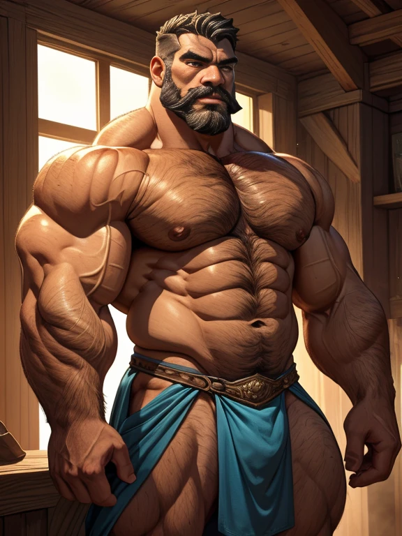 A burly, virile, and extremely hairy man who exudes an overwhelming sense of power and masculinity. His body is overmuscular and musclebound, with bulging veiny muscles that seem to strain against his skin. Broad shoulders and a wide chest adorn his massive frame, while his arms and legs are overly thick and defined, making him appear incredibly strong and imposing. His thick body gives him a hulking figure, with swelling muscles that seem to burst from every angle. The man sports a long, bushy beard and a thick mustache, adding to his rugged and masculine appearance. His grey hair only serves to further emphasize his age and experience, yet it does nothing to diminish his intimidating presence. His square-jawed face is set in a stoic expression, conveying determination and strength of character. Dressed only in a loincloth that struggles to contain his massive physique, this virile, hairy man stands tall and proud, exuding an aura of raw masculinity and unbridled power.