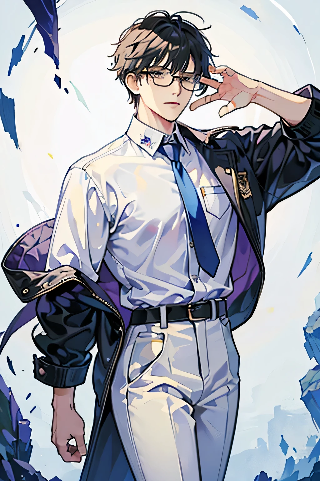 A set of three views, full body, front view, side view, back view, same outfit, same character, multiple views, short fluffy-haired boy, wearing glasses, casual clothing, scholarly, lean physique, clean white background, standing pose, Detailed and imaginative depiction, Pixel art, Acrylic, High contrast, White, Stereoscopic perspective, Highly detailed,Shonen Manga Style,visionary art,Standing