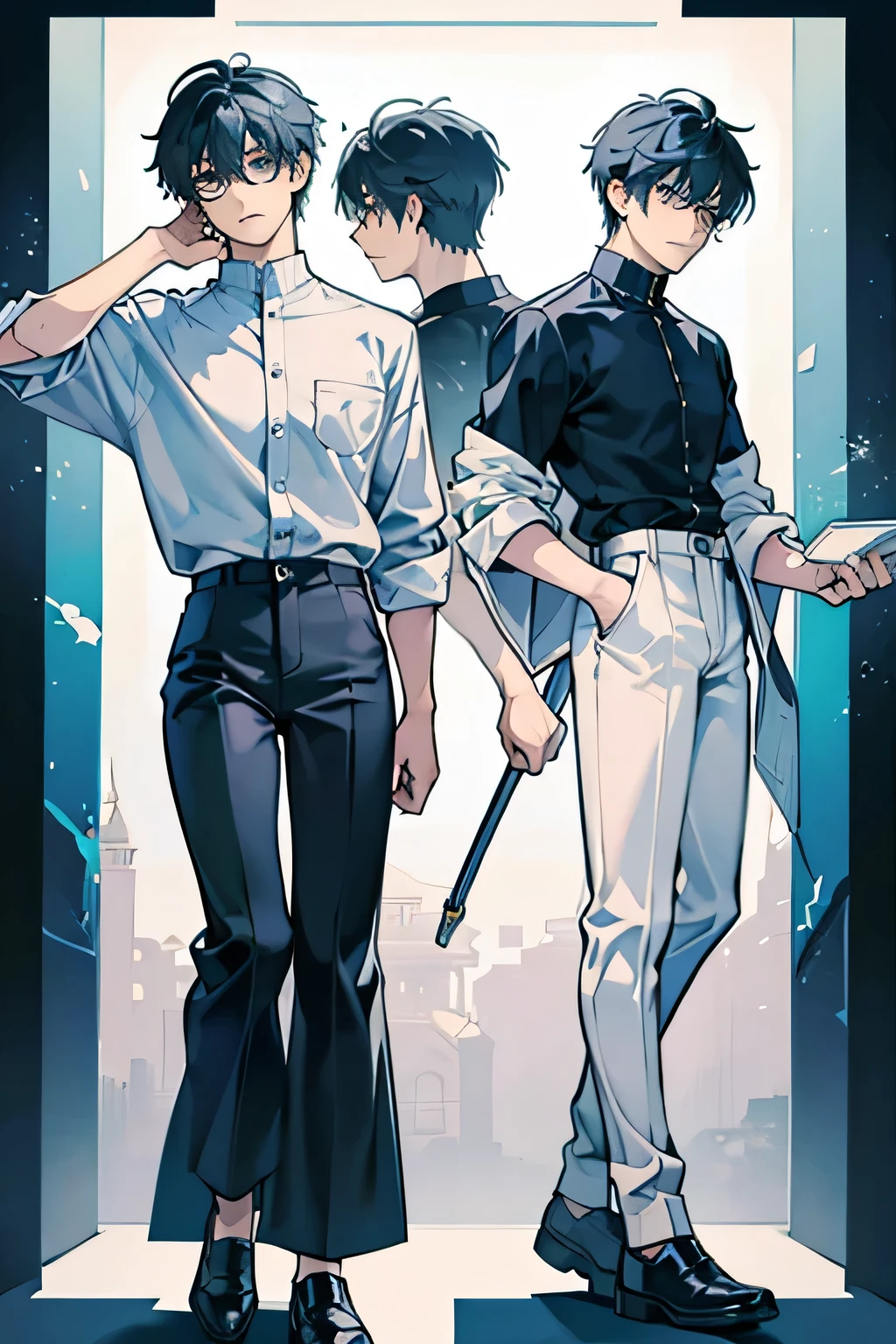A set of three views, full body, front view, side view, back view, same outfit, same character, multiple views, short fluffy-haired boy, wearing glasses, casual clothing, scholarly, lean physique, clean white background, standing pose, Detailed and imaginative depiction, Pixel art, Acrylic, High contrast, White, Stereoscopic perspective, Highly detailed,Shonen Manga Style,visionary art,Standing