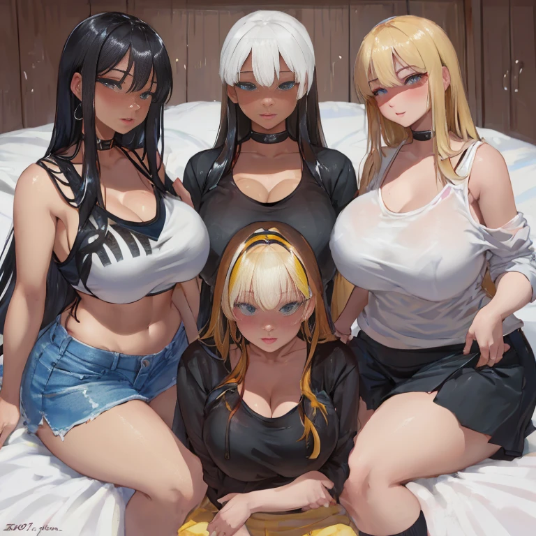    female、1 male、(european:1.2)、(blonde)、(Super beautiful)、(beautiful face:1.5)、30 year old womanl、gray blazer、(short skirt)、white shirt、large bedroom inside mansion (A single black man laying on his back, in-bed wearing shorts, in-center of composition) A diverse group of five young adult Americans, representing different ethnicities and characteristics, wearing yoga-pants and tank-tops, displays their unique beauty with perfect bodies, large breasts, wide thicc-hips, Among them, there are blonde young adult girls with auburn hair, emanating an air of natural elegance. Brown young adult girls with silky locks and a captivating sheen show off their exotic beauty. Also present are black young adult girls with stunning curly hair, highlighting their authenticity and cultural pride, (the women surround a singular BLACK MAN with short-hair, from all sides) (in a bed) the women kiss the singular Black Man, touch the singular Black man, masterpiece, high details, high quality, best quality.