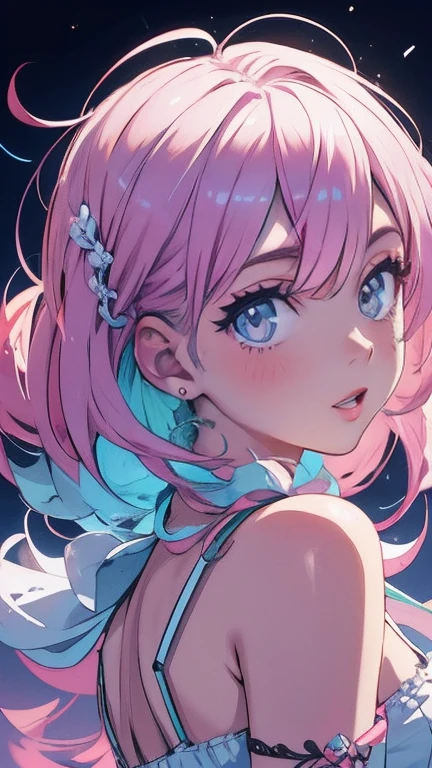 Nice ,cabelo escuro,pink lips,Vestindo uma camisa preta,Paleta pastel estilo Aurora Punk,an anime illustration of her face,gifs animados,hand drawn animation,Captivating sketches,Suave e brilhante,romantismo nebuloso,estilo superplano,Fundo branco - ar 1:1 - New expression of 5 styles - 50,decote,(seios grandes,The straps slip)