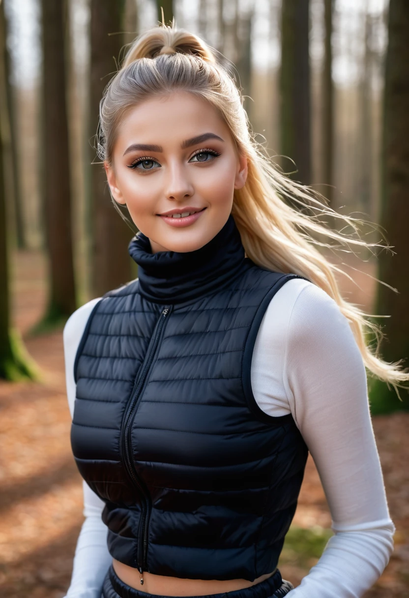 hyperrealistic beautiful busty 18-year-old women with long legs wearing turtleneck shirt with cropped puffer-vest and shiny leggins, model shooting full body photography, natural blonde long straight ponytail, dark eye makeup with eyeliner, seductive smile, small necklace, 8K, Best quality, Meisterwerk, ultra high resolution, (Realismus: 1.4), Originalfoto, (realistische Hautstruktur: 1.3), (Filmkorn: 1.3), (Selfie-Winkel), 1 girl, Beautiful round hazel eyes and facial details, Meisterwerk, Best quality, running outdoor deep in the woods