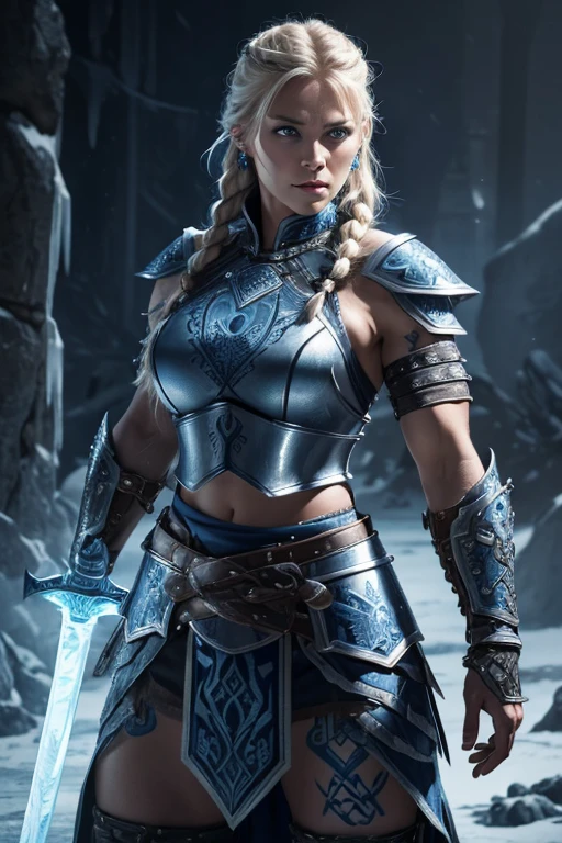 Highres, best quality, extremely detailed, area lighting in background, HD, 8k, extremely intricate:1.3), (cowboy shot), Painting, 1 mature Nordic woman, ice dragon, blue eyes, (ice forming on the body to form armor:1.2), (ice sword:1.2), GlowingRunes_blue, runes on stomach (ice dragon in the background), (((wearing rune etched full plate mail armour))),strong bare arms, exposed naval, (abs). Highly detailed, norse, berserker, big arm muscles, leg muscles, (bulky), leather straps, (((large breasts))),(((blue Norse tattoos))),fit, muscled, detailed face, earrings, ((braided hair))