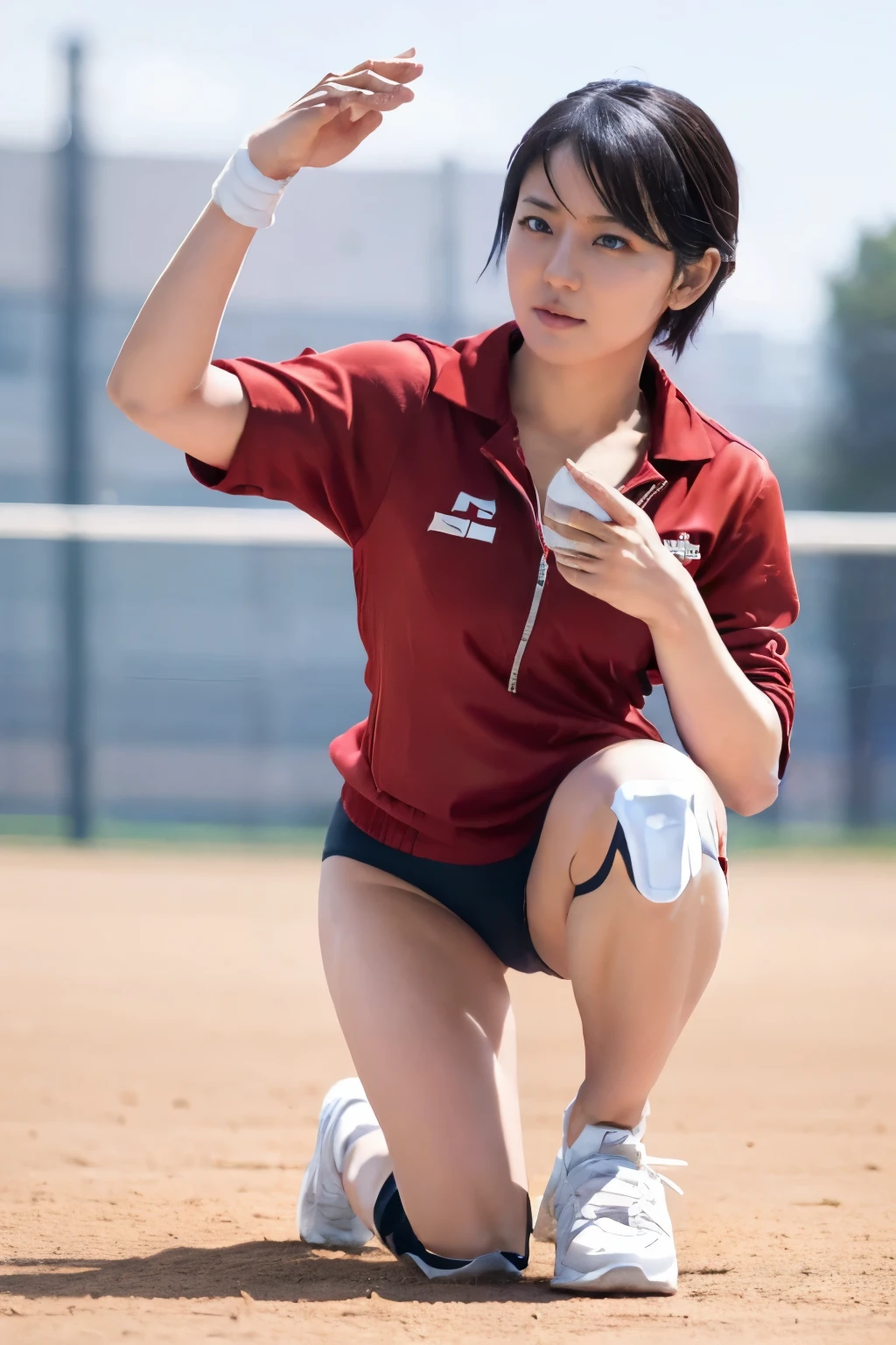 ayuhara natsu,(open the thighs),(high leg red burma),(camel toue),volleyboll, short hair,red jacket, bandages, knee pads, sneakers,solo,