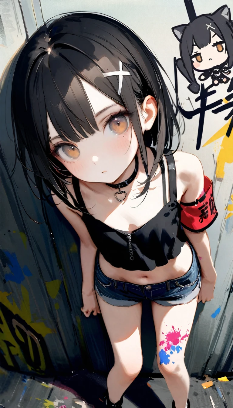[artist:ningen_mame],[artist:sho_(sho_lwlw)],[artist:mignon],[artist:kedama milk],[artist:ask_(askzy)],artist:wanke,artist:wlop,artist:fujiyama,year 2024,8k,1girl,(Miyu Edelfelt),black hair,brown eyes,small chest,x hair ornament, solo, (loose clothes),crop top, denim shorts, choker, graffiti paint splatter, arms behind back, (slouching), (bent over), cleavage,wall, looking at viewer, armband, thigh strap, streaked hair, paint on body, upturned eyes, head down, head tilt, (from above:1.3), bored,expressionless
