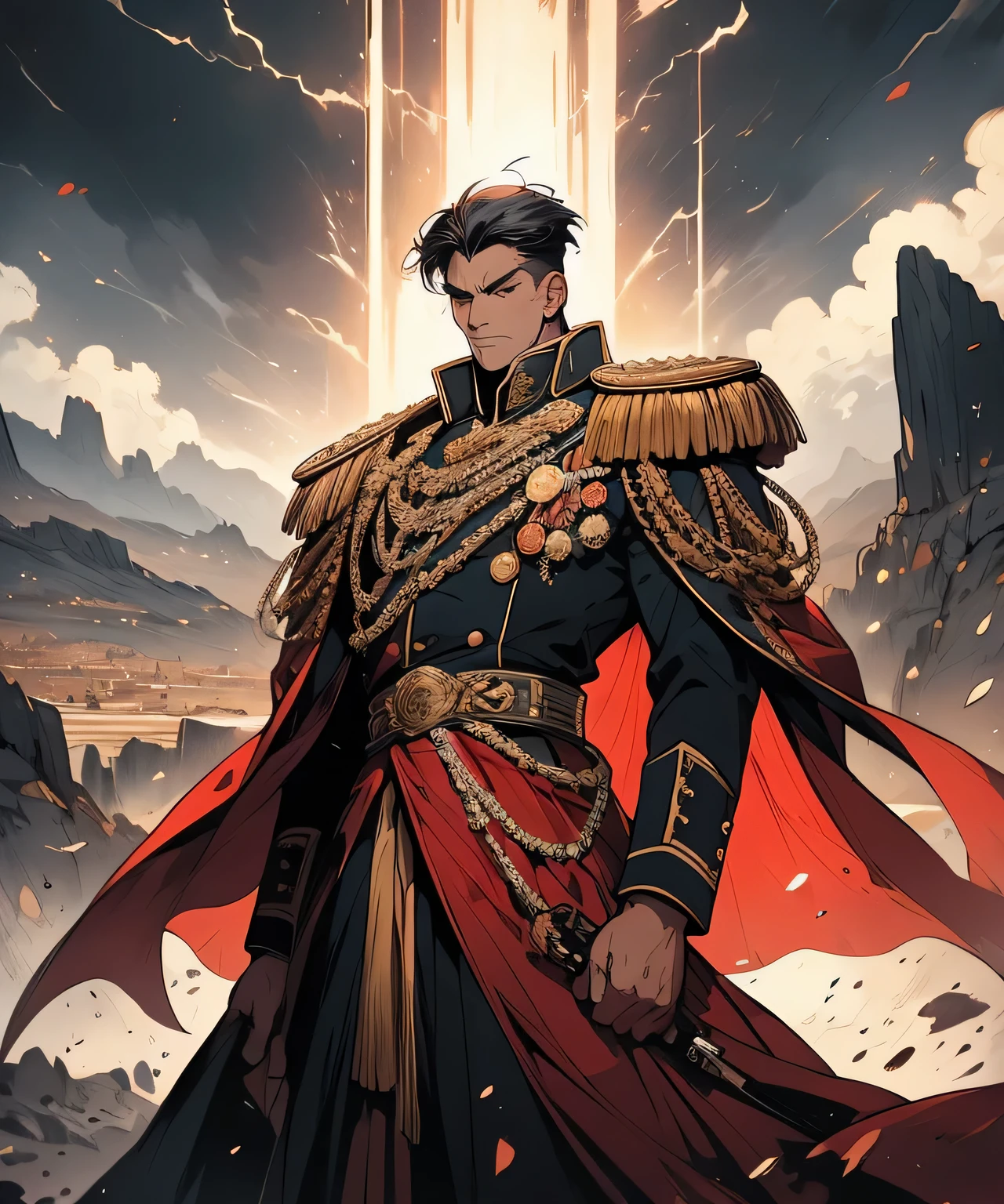 A highly detailed, cinematic portrait of a powerful and commanding military leader, dressed in a pristine uniform with intricate embroidery and epaulets, standing tall and confident with a stern expression, against a backdrop of a vast, sweeping landscape with distant mountains, stormy skies, and rays of dramatic lighting, masterfully rendered in a photorealistic style with exceptional attention to detail, vivid colors, and a sense of grandeur and authority.