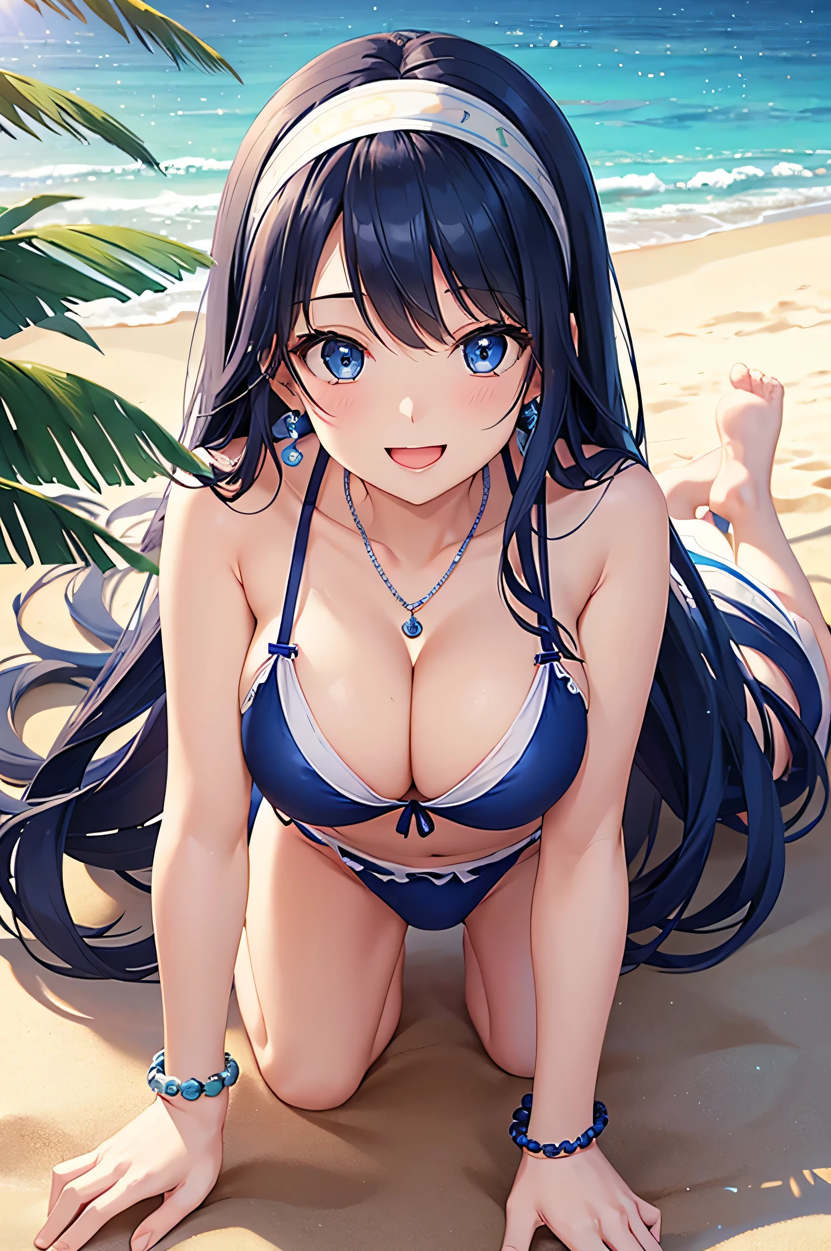 highest quality、highest quality、masterpiece、beautiful girl、Navy blue long hair、blue eyes、Navy Blue Bikini、Big cleavage、(Big Breasts),smile、blue necklace、Blue Earrings、background(Beach)、Please open your mouth wide、White headband、bracelet、On all fours、