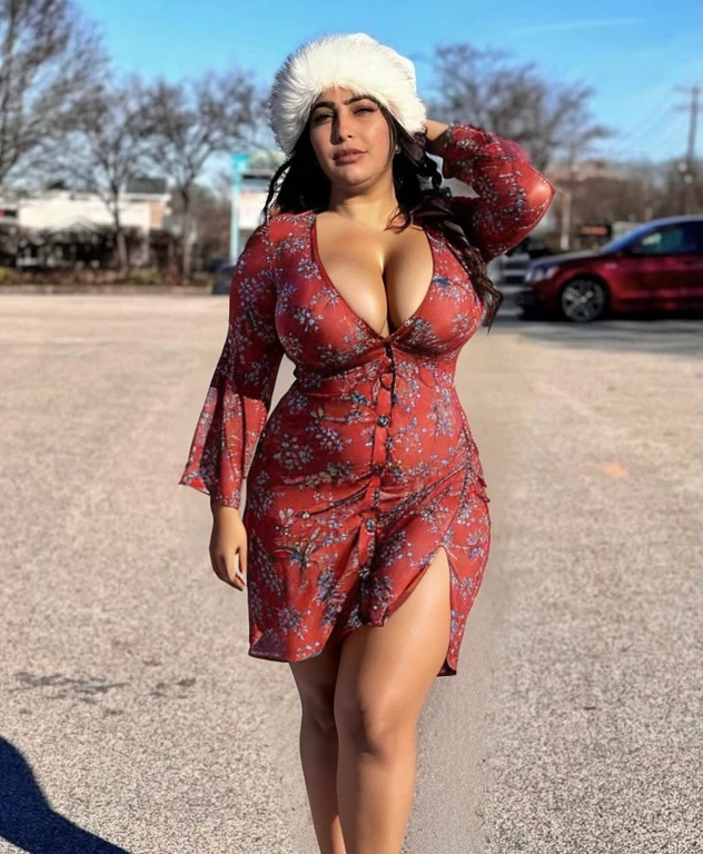 Too low cut summer Button up drees, too short dress, curvy body, cleavage, Arab skin color, curvy, low cut, big cleavage, , legs, thighs, short dress, upper thighs exposed, natural breast