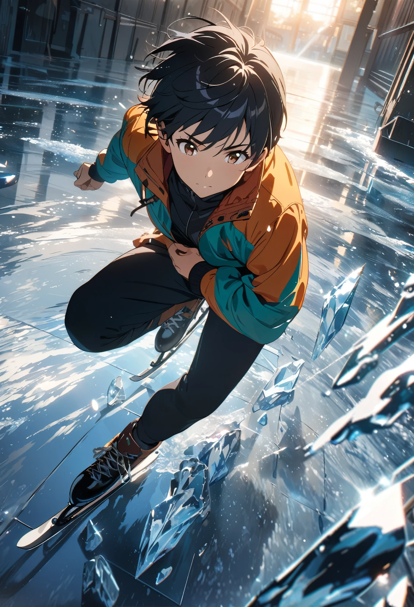 ice skater at daylight, anime boy with short black hair and brown eyes, wearing a jacket and ice skates, gliding on ice, masterpiece, best quality, cinematic lighting, reflection, ice, wallpaper, very detailed, illustration